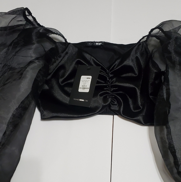 FASHION BLACK SATIN SHEER PUFF SLEEVE TOP..SIZE S - Picture 5 of 7